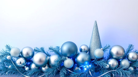 Icy-toned holiday layout with soft blue gift boxes and reflective silver snowflakes.の写真素材