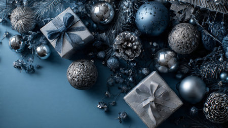 A clean icy-blue composition featuring polished silver ornaments arranged in a precise winter pattern.の写真素材