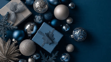Monochrome blue holiday concept featuring minimal silver touches.の写真素材