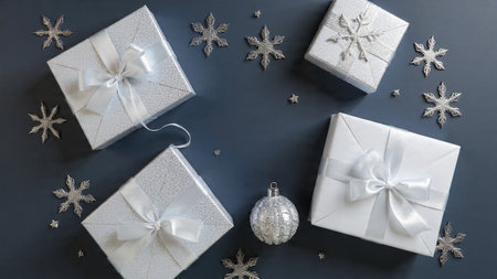 Cool monochrome ornament display with polished silver accents.の写真素材