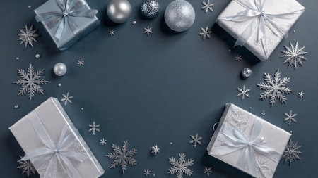 Classic holiday layout with deep-blue baubles and elegant silver ribbons.の写真素材