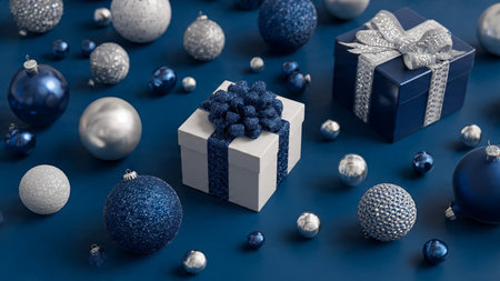Minimalist holiday flat lay with deep-blue textures and subtle metallic elements.の写真素材