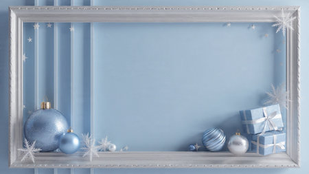 Icy gift wrapping layout featuring soft-blue boxes and silver fabric ribbons.の写真素材
