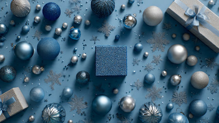 Classic winter frame blending frosted blue baubles and shimmering silver stars for an elegant seasonal mood.の写真素材