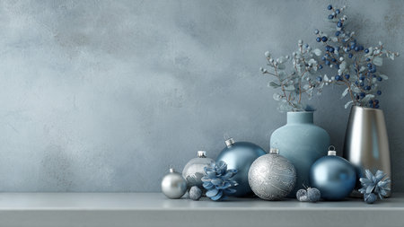 Silver snowflakes arranged neatly on a cool-toned blue surface, creating a serene holiday mood.の写真素材