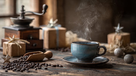 A steaming cup set beside a fireplace casting warm amber reflections across evergreen foliage.の写真素材