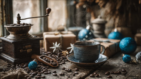 A Christmas frame glowing with elegant silver and cool blue accents.の写真素材