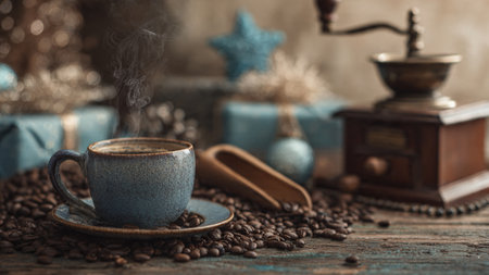 A festive border with metallic stars surrounding frosted holiday ornaments.の写真素材