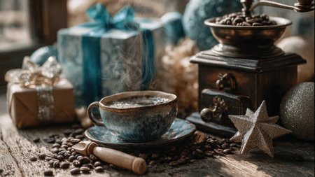 A warm wooden table displaying a steaming mug beside pine greenery.の写真素材