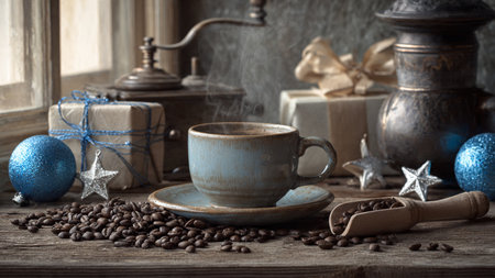 A steaming mug beside pinecones and evergreen twigs on a rustic winter table.の写真素材