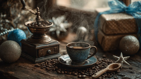 A rustic wooden-beamed scene with antique grinder and steaming mug.の写真素材