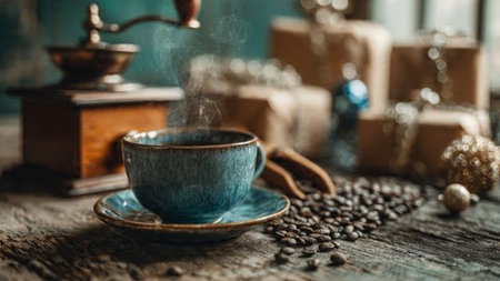 A warm ambient glow surrounding a steaming cup on a wooden table.の写真素材