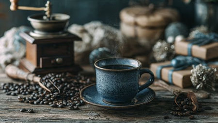 A warm winter drink steaming gently under soft amber lighting.の写真素材