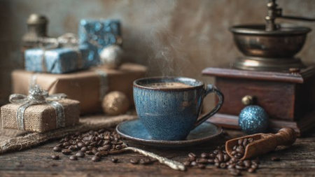 A wooden setup with roasted beans and a shining ceramic mug.の写真素材
