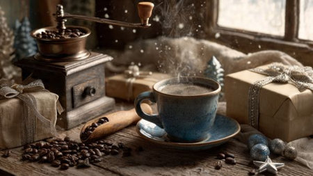 A cozy cabin morning featuring a steaming mug near a crackling fireplace and snowy scenery.の写真素材