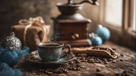 A serene morning glow illuminating a hot cup as snowflakes drift behind the frosted window.の写真素材