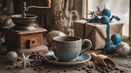 A serene winter morning featuring a steaming mug on a rustic wooden surface.の写真素材