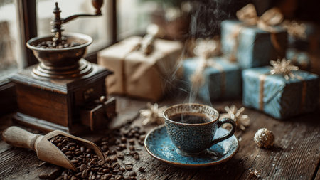 A cozy cabin interior with a steaming cup and winter greenery.の写真素材