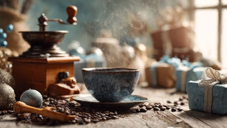 A warm steaming drink illuminated by soft winter morning rays.の写真素材