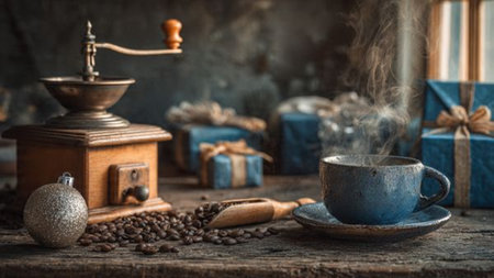 A warm wooden table supporting a fresh hot brew while snow drifts outside.の写真素材