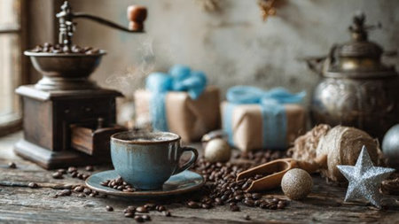 A warm coffee still-life illuminated by golden morning light, showcasing beans, grinder, and kettle.の写真素材