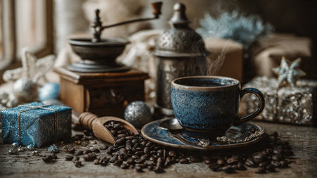 A silver-and-blue themed Christmas frame capturing frosted holiday charm.の写真素材