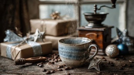 A warm interior glow casting soft light onto a steaming ceramic cup.の写真素材