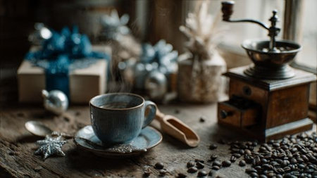 A festive display of winter gifts framed by icy-blue baubles and metallic stars.の写真素材