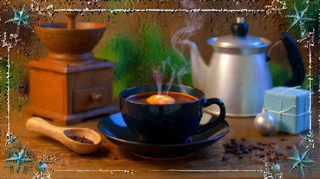 A detailed coffee still-life using vintage equipment and natural lighting.の写真素材