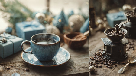 A handcrafted ceramic mug surrounded by roasted beans and warm natural light.の写真素材