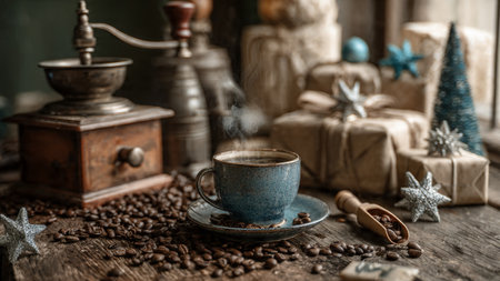 A snowy outdoor glow illuminating a hot drink on a rustic wooden table.の写真素材