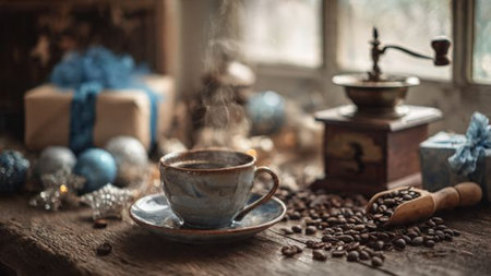 A calm morning moment featuring a steaming cup near a crackling fireplace and gently drifting snow.の写真素材