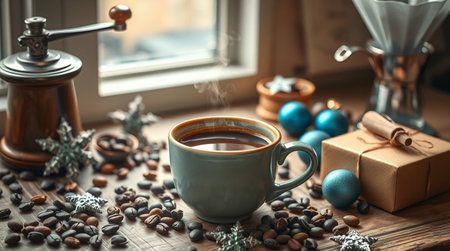 A detailed artisanal coffee setup with vintage tools and roasted beans.の写真素材