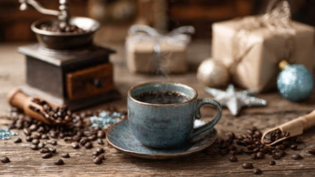 A handcrafted ceramic coffee cup highlighted by soft golden light.の写真素材