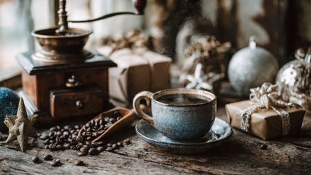 A rustic wooden-beamed scene with antique grinder and steaming mug.の写真素材