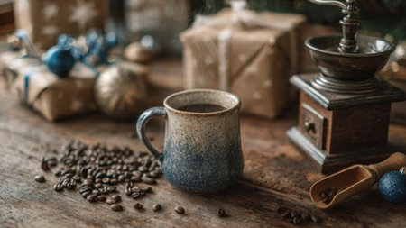 A snowy sunrise illuminating a steaming cup of coffee on a natural wooden table.の写真素材