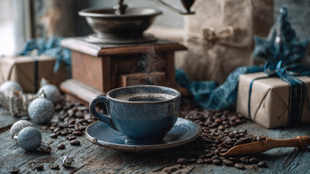 A steaming cup of coffee resting by a snowy window illuminated by soft golden light.の写真素材