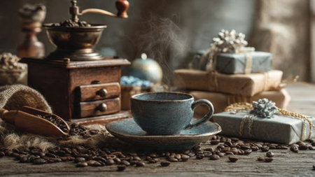 A coffee-focused artisan scene illuminated by soft warm rays of natural light.の写真素材