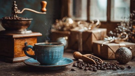 A winter-themed still-life with pine greenery in a vintage vase and warm diffused light.の写真素材
