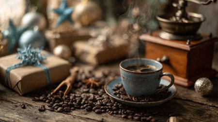 A handcrafted mug set beside a wooden scoop filled with freshly roasted coffee beans.の写真素材