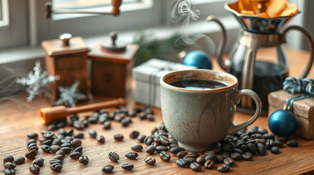 A serene winter morning with a steaming cup of coffee on a rustic wooden table, framed by softly falling snow outside the window.の写真素材