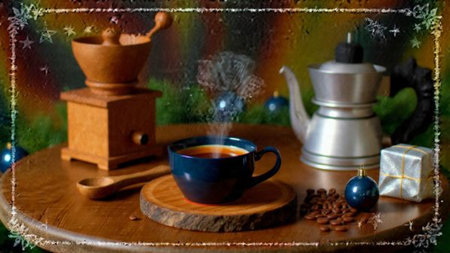 A crafted coffee scene showing beans spilling from a wooden scoop beside a glossy cup.の写真素材
