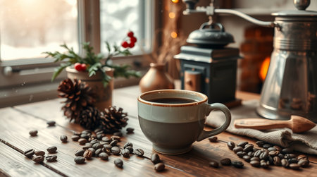A serene winter morning captured with a steaming cup on worn wooden planks.の写真素材