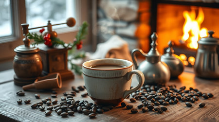 A cozy cabin interior with a steaming cup and winter greenery.の写真素材