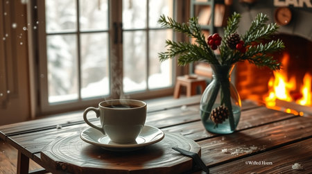 A gently steaming cup placed near a window dusted with fresh snow crystals.の写真素材