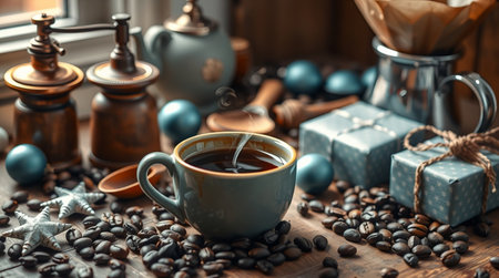 A cozy coffee moment with evergreen branches in soft winter light.の写真素材