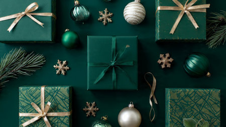 High-contrast Christmas flat-lay with bold emerald tones and shiny gold highlights.の写真素材