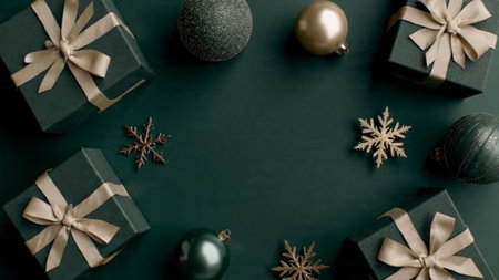 Luxurious emerald festive theme with geometric gold decorations arranged symmetrically.の写真素材