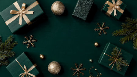 Premium holiday mockup showcasing deep emerald tones and metallic gold highlights.の写真素材