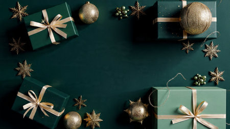 Clean emerald Christmas layout with simple gold stars placed evenly across the frame.の写真素材